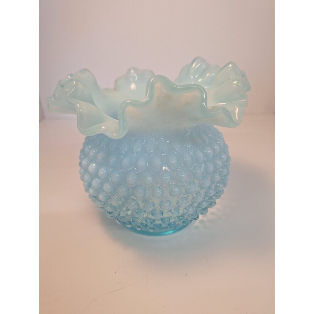 Vintage Fenton Hobnail Blue Opalescent Vase with Furled Rim.